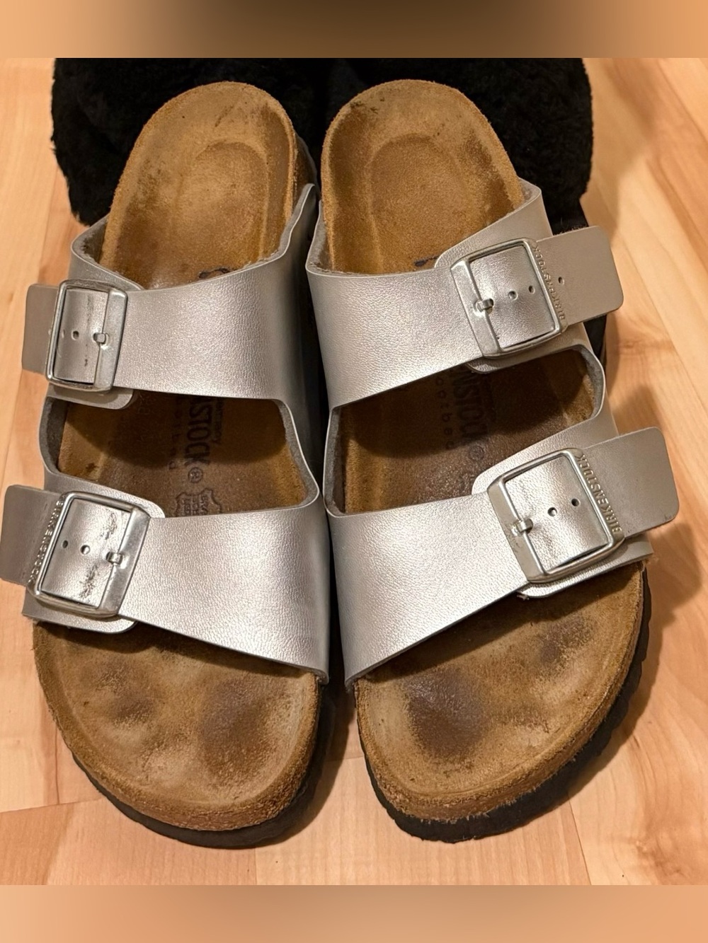 Two Strap pebbled leather Matte silver Arizona Birkenstocks